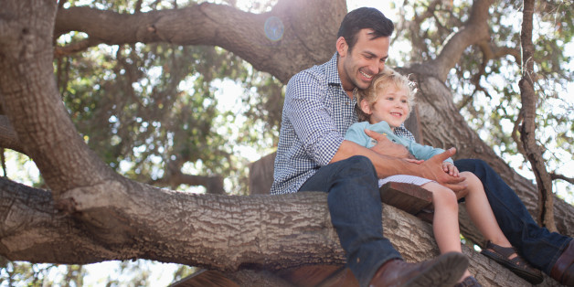 Father and son hugging in tree